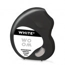 A black and white package of WOOM White Dental Floss, featuring an expanding dental floss design.