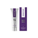 A tube of toothpaste labeled WOOM SENSITIVE+ next to its packaging box with a purple and white color scheme.