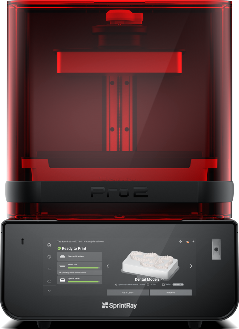 sprintray pro 2 dental 3d printer with red case and touchscreen