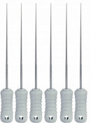 Set of six stainless steel finger spreaders with white tips on a white background