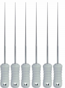 Set of six stainless steel finger spreaders with white tips on a white background