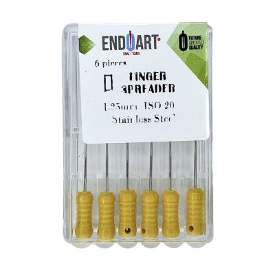 Pack of finger spreaders with yellow handles in a clear plastic case on a white background.