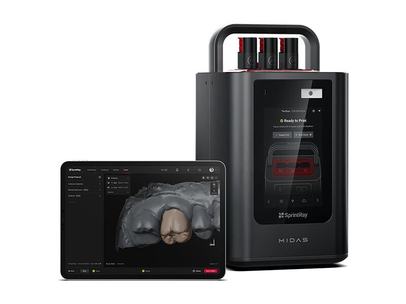 A professional 3D printer from SprintRay, designed for dental restorations, with a focus on the digital interface and the printing cartridges.