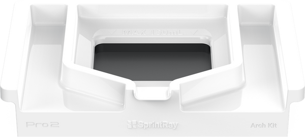 A white build platform for 3D printing, with branding text on the side.