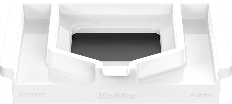 A white build platform for 3D printing, with branding text on the side.