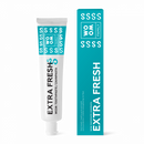 A tube of toothpaste labeled 'EXTRA FRESH' alongside its packaging box, both featuring blue and white color schemes with the brand name 'WOOM' displayed.