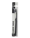 A black WOOM HARD 1400 toothbrush in its packaging, displaying the toothbrush with white and dark gray bristles and the brand name on the handle.
