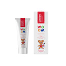 A package and tube of Junior Cola flavor toothpaste with illustrations of fruits and a cartoon character on the packaging.