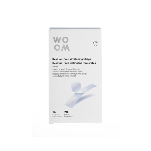 A box of WOOM residue-free whitening strips with the product visible through a cut-out window on the packaging.