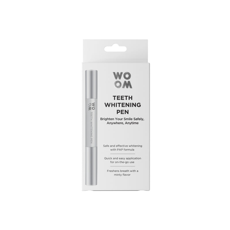 A teeth whitening pen by WOOM in its packaging, with information about the product visible on the front.