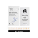 Packaging of WOOM residue-free whitening strips with a color chart showing the teeth color progression.