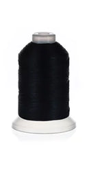 A large spool of dental floss in black color, placed on a white dispenser.